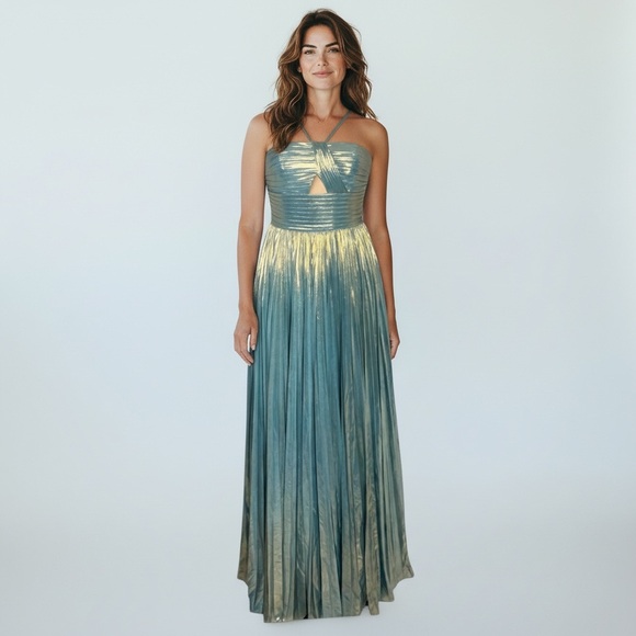 Stacees Sky Blue Gold Metallic Shimmer Floor Length gown with side slit size 2 - Picture 4 of 12